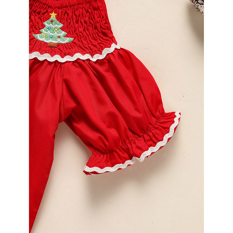 Toddler Infant Girl Christmas Dress Smocked Christmas Tree Embroidery Short Sleeve Princess Party Dress