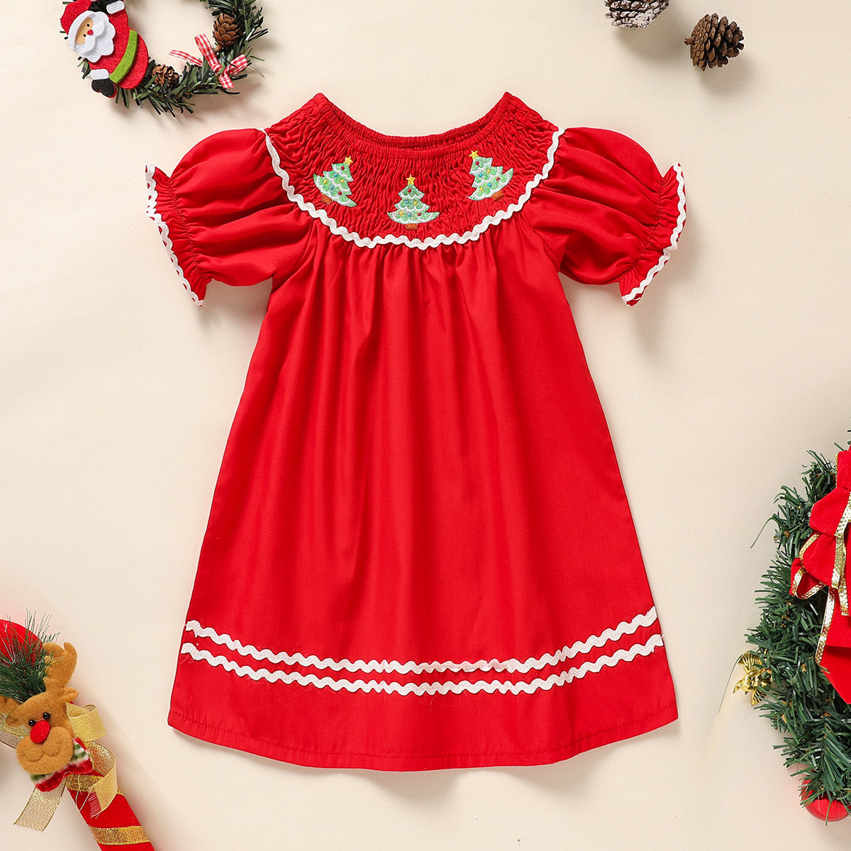 Toddler Infant Girl Christmas Dress Smocked Christmas Tree Embroidery Short Sleeve Princess Party Dress