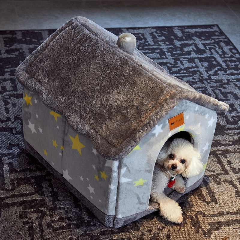 Winter Foldable Dog & Cat Bed – Warm Enclosed Pet House Kennel