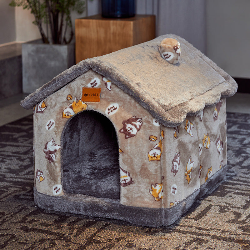 Winter Foldable Dog & Cat Bed – Warm Enclosed Pet House Kennel