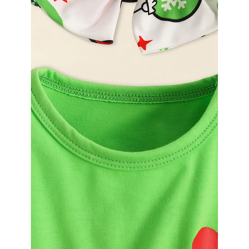 Toddler Baby Girls Christmas Clothes Ruffle Long Sleeve Heart Print Tops Dress Christmas Ball Print Flared Pants With Headband Outfits Set