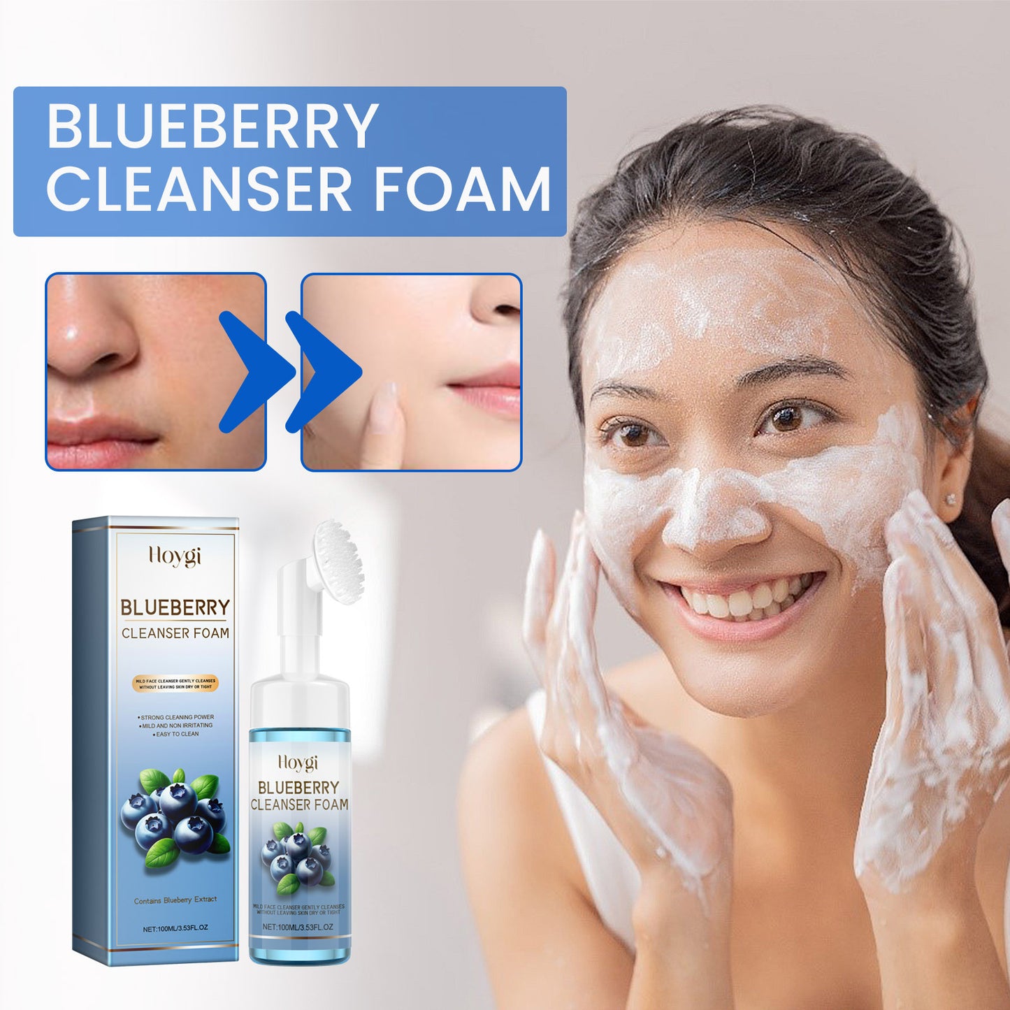 Horygi Blueberry Cleansing Mousse Brush Facial Foam Fragrance Squeeze Brightening Cleanse Turmeric Facial Cleanser Natural Exfoliating Renewal Serum