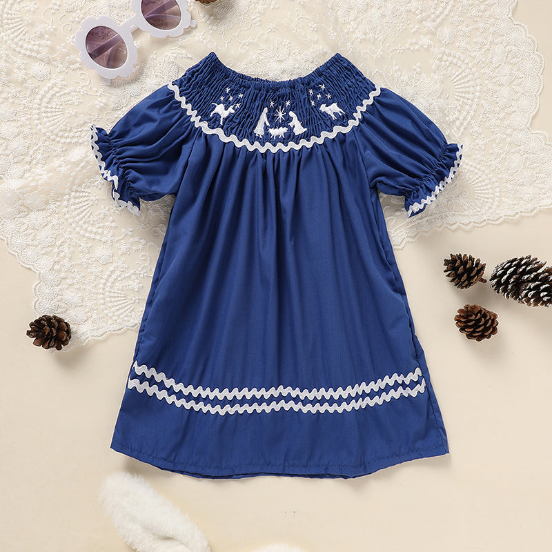 Toddler Infant Girl Christmas Santa Embroidery Short Sleeve Princess Party Dress Smocked Baby Girl Clothes