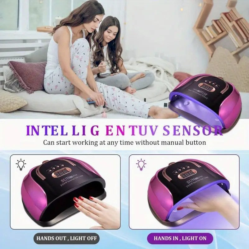 256W High-Power UV LED Nail Lamp With 4 Timer Settings, Automatic Sensor & Smart Display - Fast Gel Polish Curing, Purple & Black Design, Ergonomic Handle For Professional Manicures