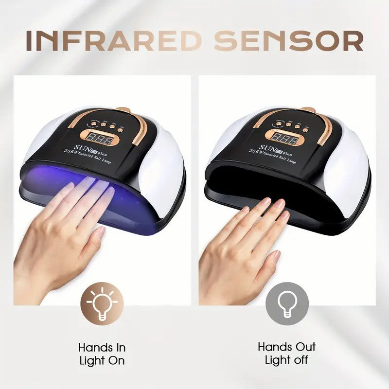 256W High-Power UV LED Nail Lamp With 4 Timer Settings, Automatic Sensor & Smart Display - Fast Gel Polish Curing, Purple & Black Design, Ergonomic Handle For Professional Manicures