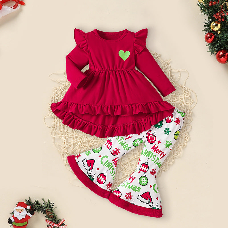 Toddler Baby Girls Christmas Clothes Ruffle Long Sleeve Heart Print Tops Dress Christmas Ball Print Flared Pants With Headband Outfits Set