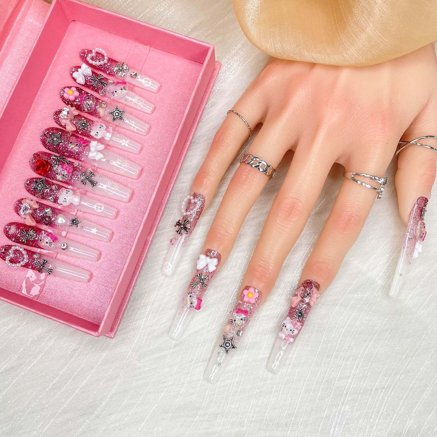 Gddsha 2025 10PCS Long Novel Design And Reusable Handmade Nails 10PCS Pmma Acrylic Nails Press OnNails Kit With Box Gifts For Women,Pink Mirage