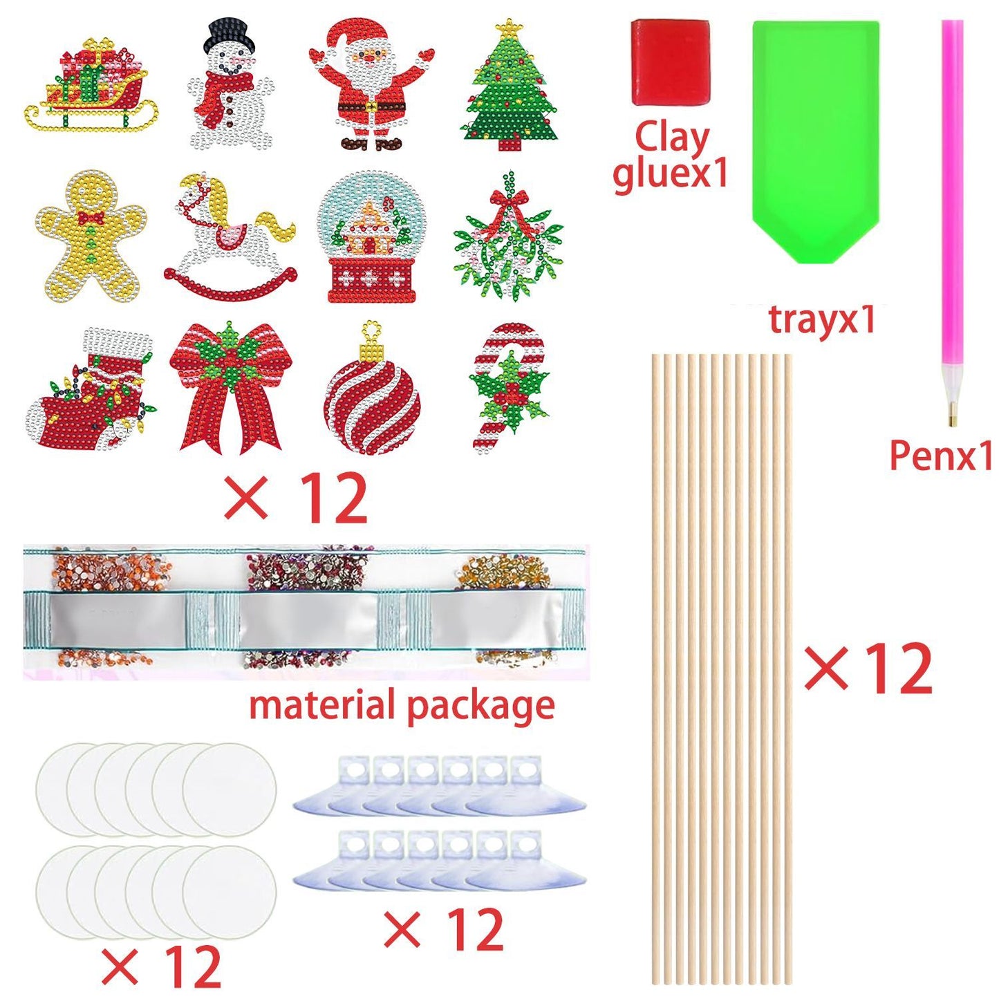 12Pcs Christmas Rhinestones Painting Kits Santa Claus Snowman Gingerbread Man Christmas Stockings Bows Design Rhinestones Art For DIY Art Garden Stake Decoratoin Enjoy Crafting Holiday Gifts