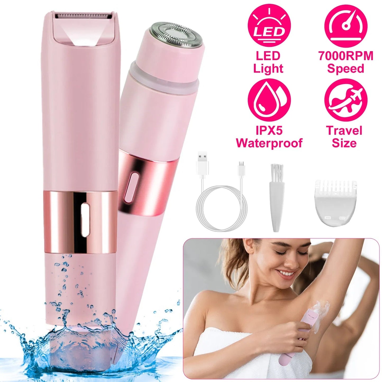 2 In 1 Bikini Trimmer For Women Dual Head Cordless Body Shaver IPX5 Waterproof Rechargeable Pubic Hair Razor Wet And Dry Use For Bikini Underarm Leg Arm Body Face