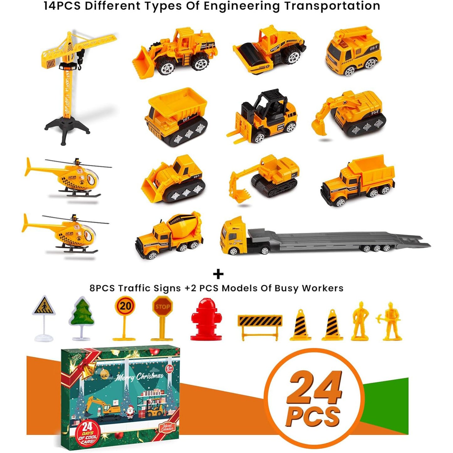 Advent Calendar Christmas Countdown Calendar For Kids, 24PCS Cartoon Engineering Vehicle Playset, Christmas Gifts Toys For 6 Year Old Boys And Girls