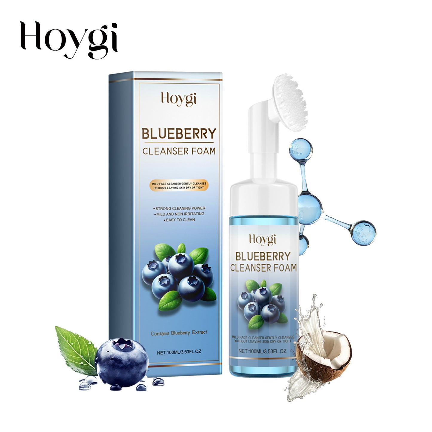 Horygi Blueberry Cleansing Mousse Brush Facial Foam Fragrance Squeeze Brightening Cleanse Turmeric Facial Cleanser Natural Exfoliating Renewal Serum