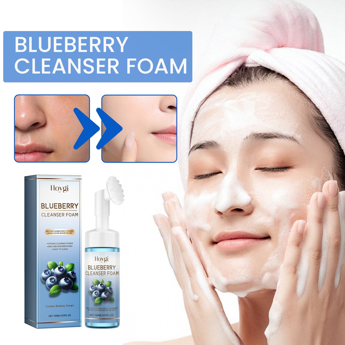 Horygi Blueberry Cleansing Mousse Brush Facial Foam Fragrance Squeeze Brightening Cleanse Turmeric Facial Cleanser Natural Exfoliating Renewal Serum