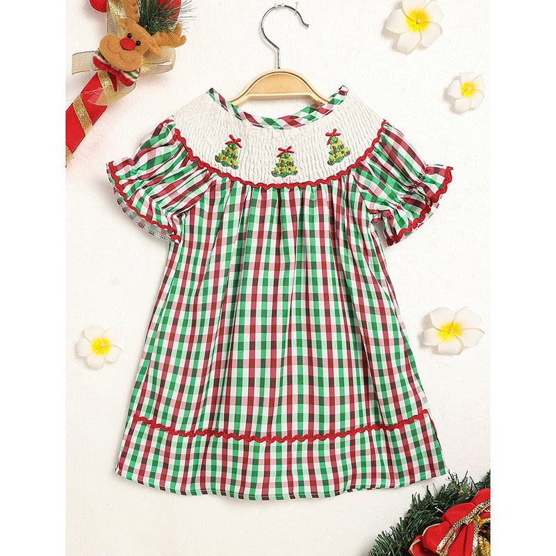 Toddler Infant Baby Girls Christmas Dress Short Sleeve Christmas Tree Embroidered Plaid Casual Party Dresses