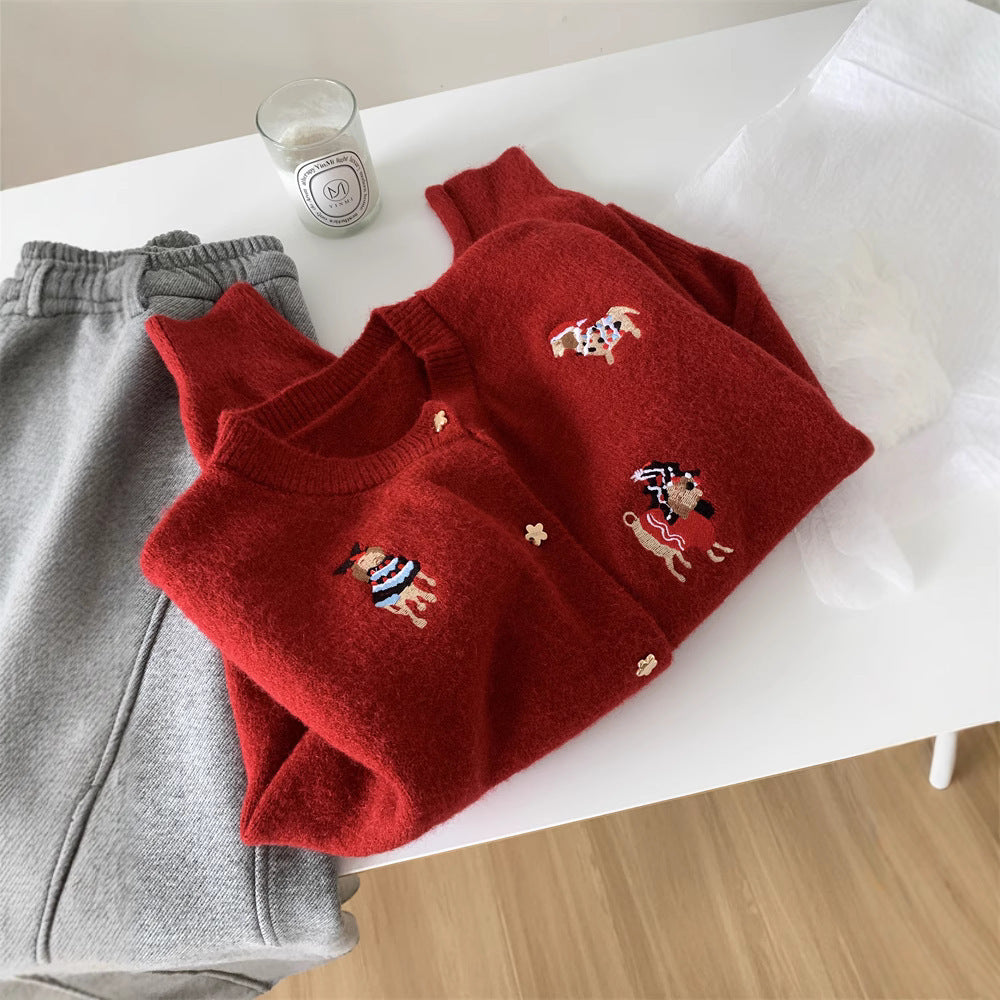 Women's Retro Machine Embroidery Christmas Red Puppy Knitted Sweater