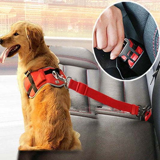 Adjustable pet car seat belt with nylon fabric and metal buckles for dog and cat safety in vehicles