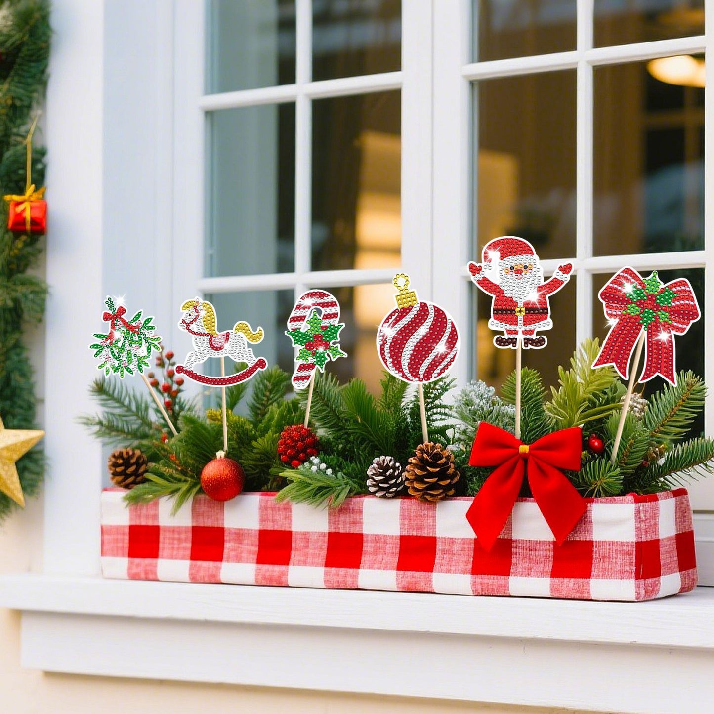 12Pcs Christmas Rhinestones Painting Kits Santa Claus Snowman Gingerbread Man Christmas Stockings Bows Design Rhinestones Art For DIY Art Garden Stake Decoratoin Enjoy Crafting Holiday Gifts