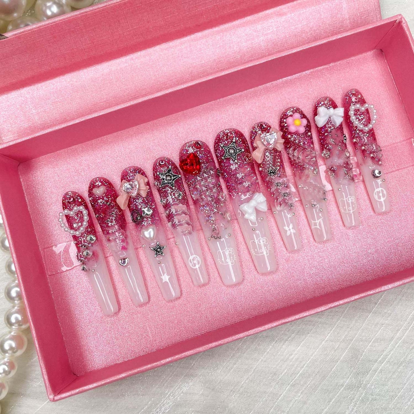 Gddsha 2025 10PCS Long Novel Design And Reusable Handmade Nails 10PCS Pmma Acrylic Nails Press OnNails Kit With Box Gifts For Women,Pink Mirage