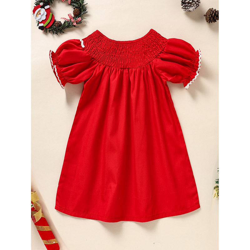 Toddler Infant Girl Christmas Dress Smocked Christmas Tree Embroidery Short Sleeve Princess Party Dress
