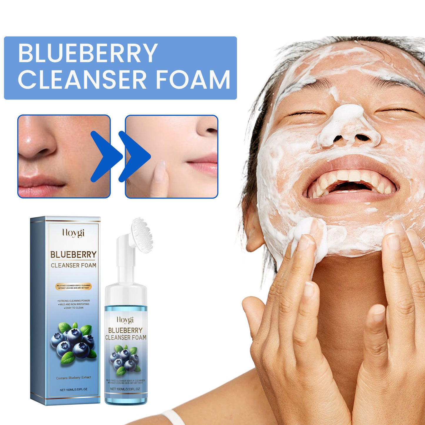 Horygi Blueberry Cleansing Mousse Brush Facial Foam Fragrance Squeeze Brightening Cleanse Turmeric  Facial  Cleanser Natural Exfoliating Renewal Serum