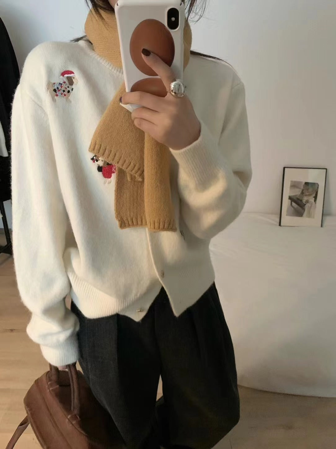 Women's Retro Machine Embroidery Christmas Red Puppy Knitted Sweater