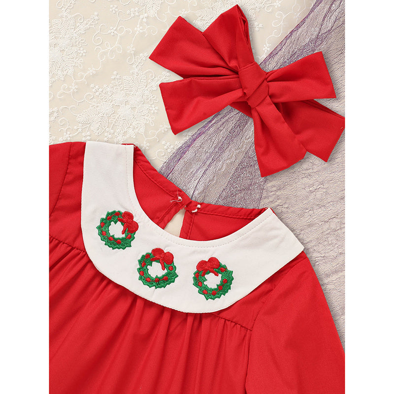Toddler Kids Baby Girls Christmas Dress Christmas Wreath Embroidered Party Dresses With Headband