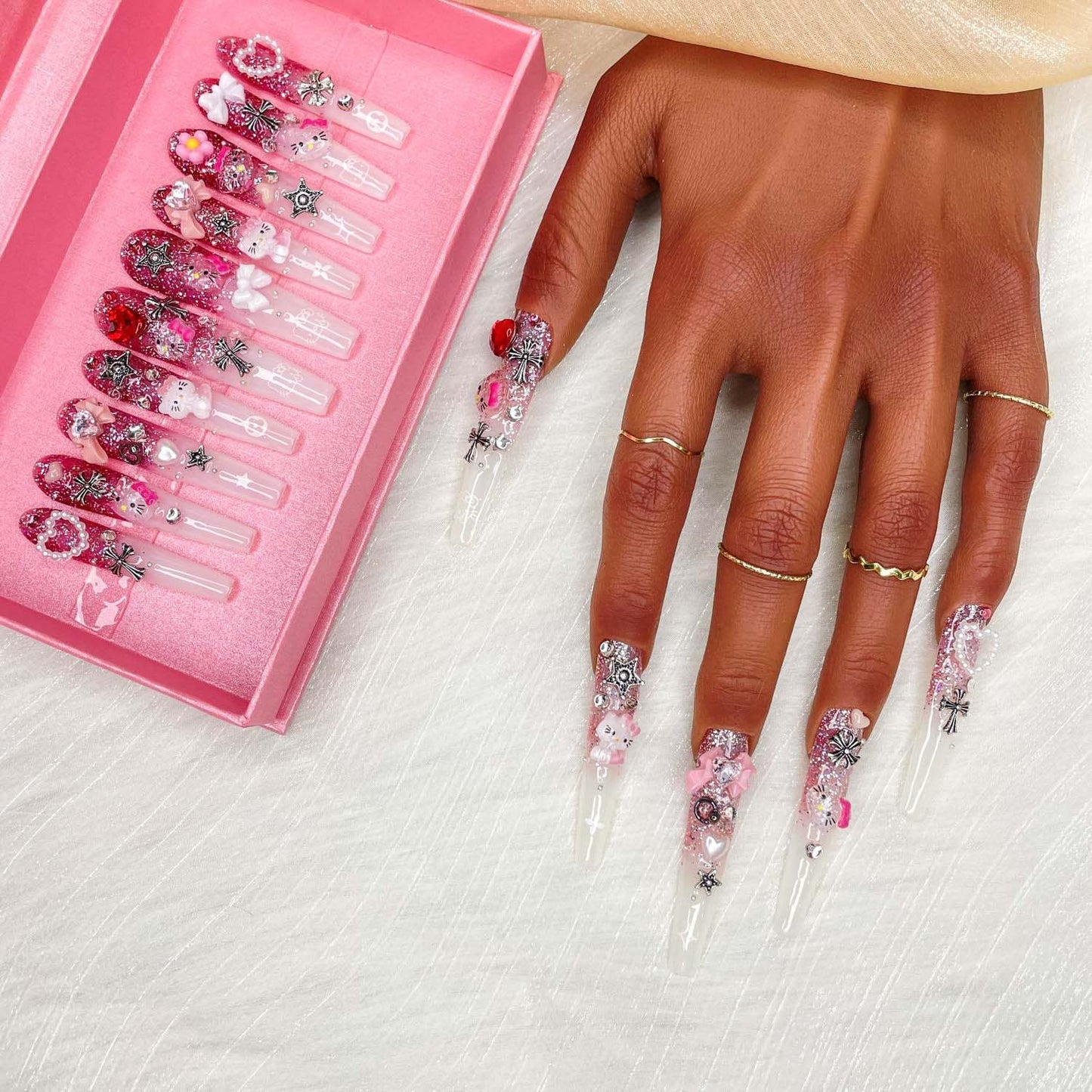 Gddsha 2025 10PCS Long Novel Design And Reusable Handmade Nails 10PCS Pmma Acrylic Nails Press OnNails Kit With Box Gifts For Women,Pink Mirage