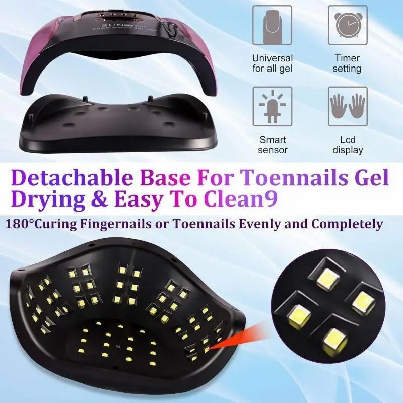256W High-Power UV LED Nail Lamp With 4 Timer Settings, Automatic Sensor & Smart Display - Fast Gel Polish Curing, Purple & Black Design, Ergonomic Handle For Professional Manicures