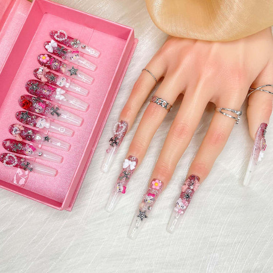 Gddsha 2025 10PCS Long Novel Design And Reusable Handmade Nails 10PCS Pmma Acrylic Nails Press OnNails Kit With Box Gifts For Women,Pink Mirage