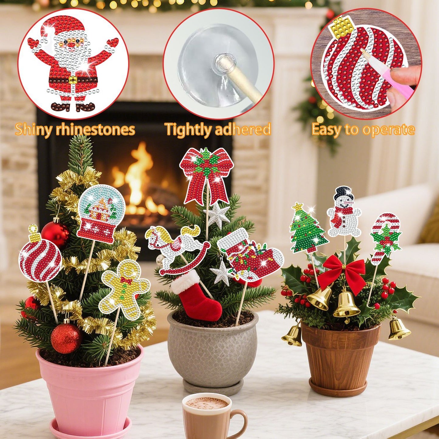 12Pcs Christmas Rhinestones Painting Kits Santa Claus Snowman Gingerbread Man Christmas Stockings Bows Design Rhinestones Art For DIY Art Garden Stake Decoratoin Enjoy Crafting Holiday Gifts