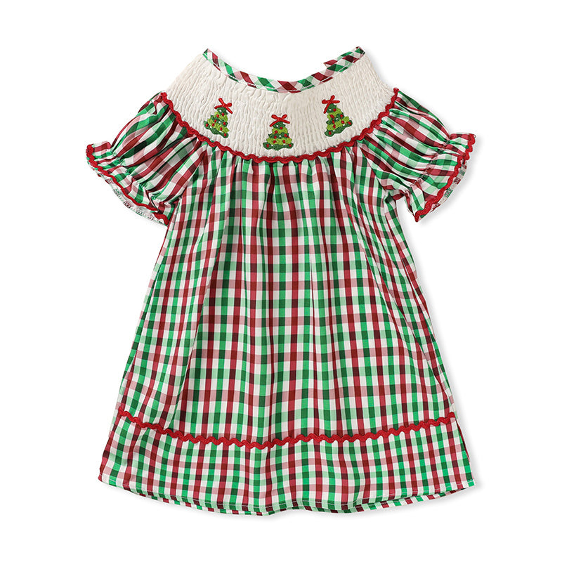 Toddler Infant Baby Girls Christmas Dress Short Sleeve Christmas Tree Embroidered Plaid Casual Party Dresses